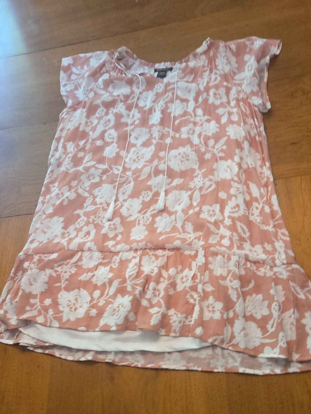 Robert Louis Peach Floral Tie-Neck Tunic with Ruffle Hem